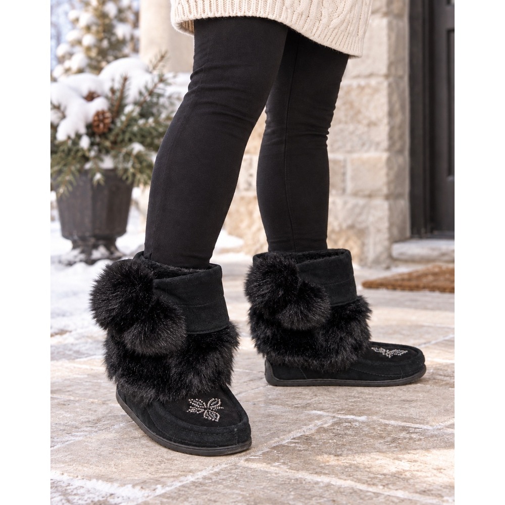 Manitobah Mukluks Snowy Owl Black Suede Faux Fur Beaded Winter Boots Womens 6
